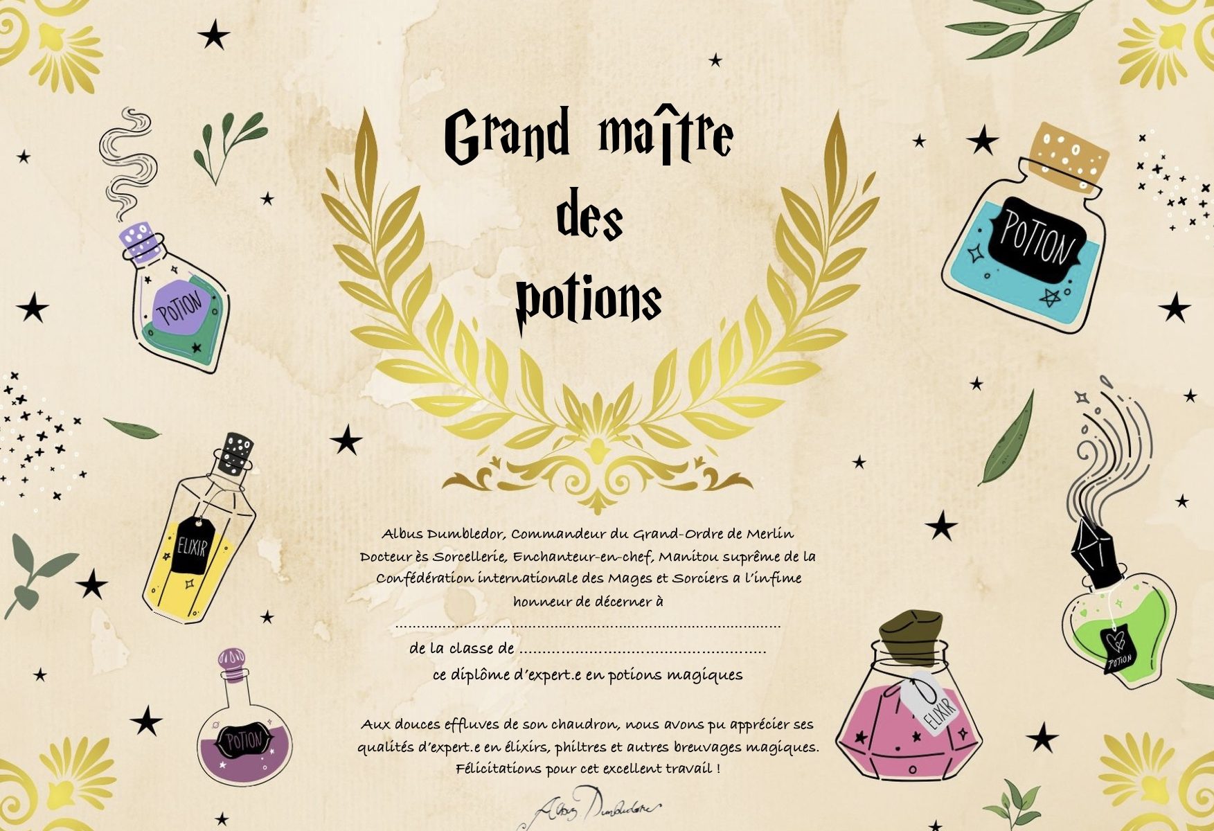 diplôme Harry Potter potions